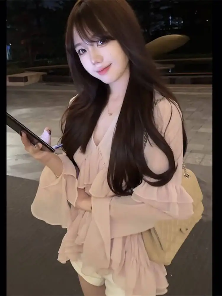 Rosa morbido e chiaro V-Ne Broderie Anglaise Moulait Lungo Sve Chin per le donne Estate Sle Loose Fit Thin irt Ele Top