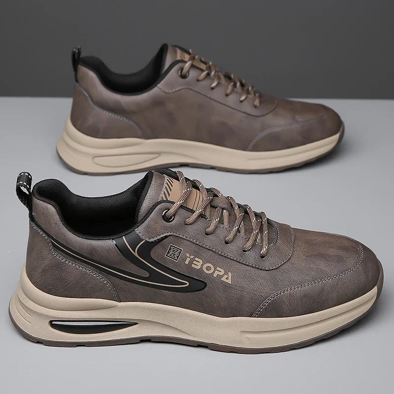 High Quality Brand Men\'s Genuine Leather Casual Shoes Thick Soled Wear-resistant Hiking Shoes Trendy Gray Sports Shoes for Men’s