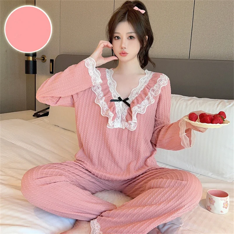 

M-5XL Women Sleepwear Pajamas Set Long Sleeve Trousers Spring Autumn Pijamas Korean Ladies Pyjama Suit Sweet Lace Home Wear
