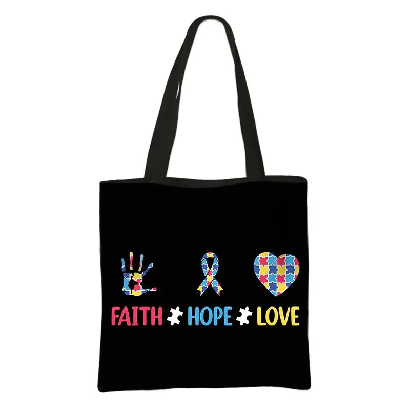 Autism Awareness Tote Bag Autism Shopping Bag Love Needs No Words Handbag Shoulder Bag Large Capacity Bag Shopper Bag