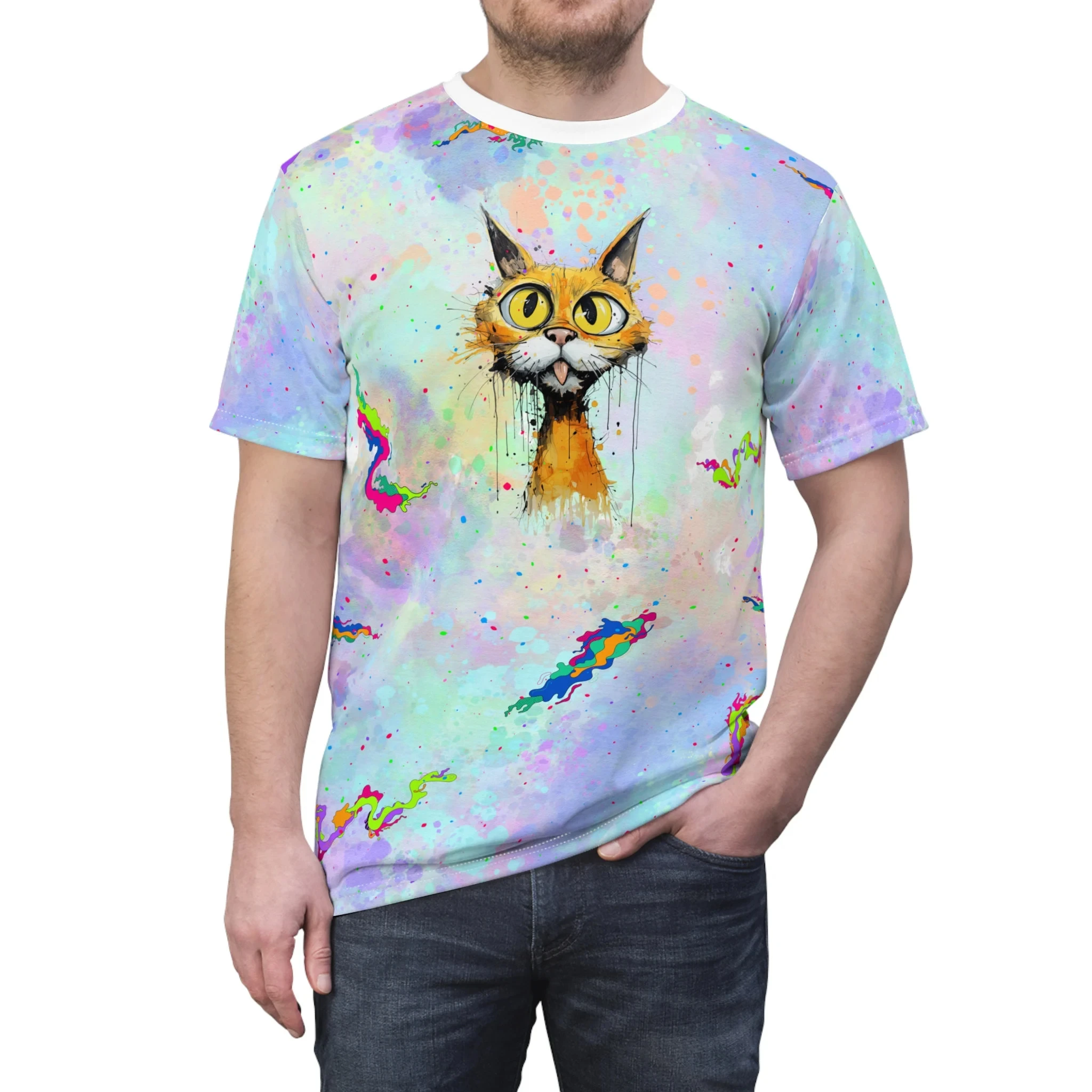 

Colorful Cat Paint-splatter all Over Print Men's T-shirts Unisex Couple Outfits Woman Men Clothing Oversized Shirt Y2k Clothes