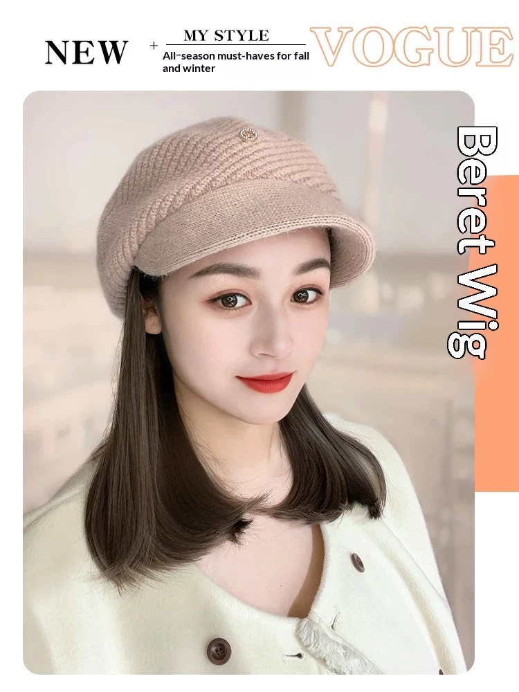 10inch Synthetic Short Straight Wig with Beret No Trace Connect Hat Wig for Women Natural Fluffy Hat Hair Extensions