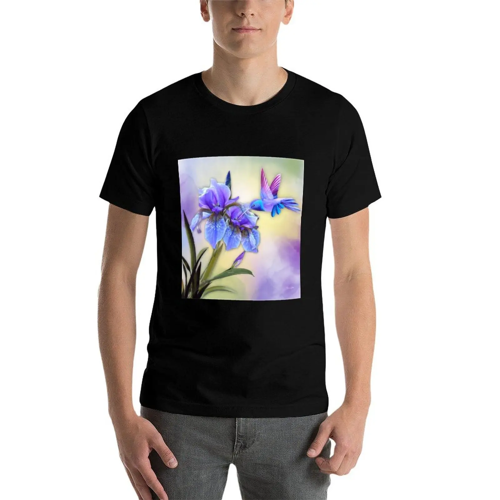 Hummingbird on Blue/Purple Iris T-Shirt custom t-shirts custom shirt funny meme t-shirts designer t shirt men