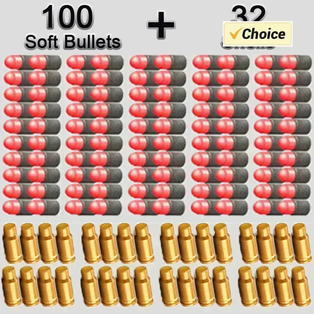 32 conchas e 100 balas macias de EVA para arma de brinquedo Glock Colt 1911, jogo de tiro para crianças e meninos