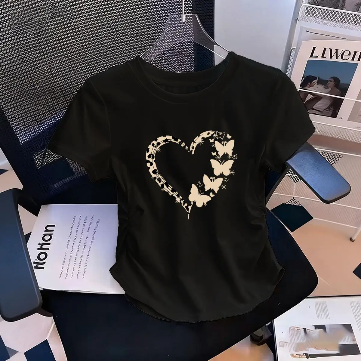 Women's Waist-Defining Elastic T Shirt Leopard Butterfly printed Short Sleeve Round Neck top tee Cartoon t-shirts