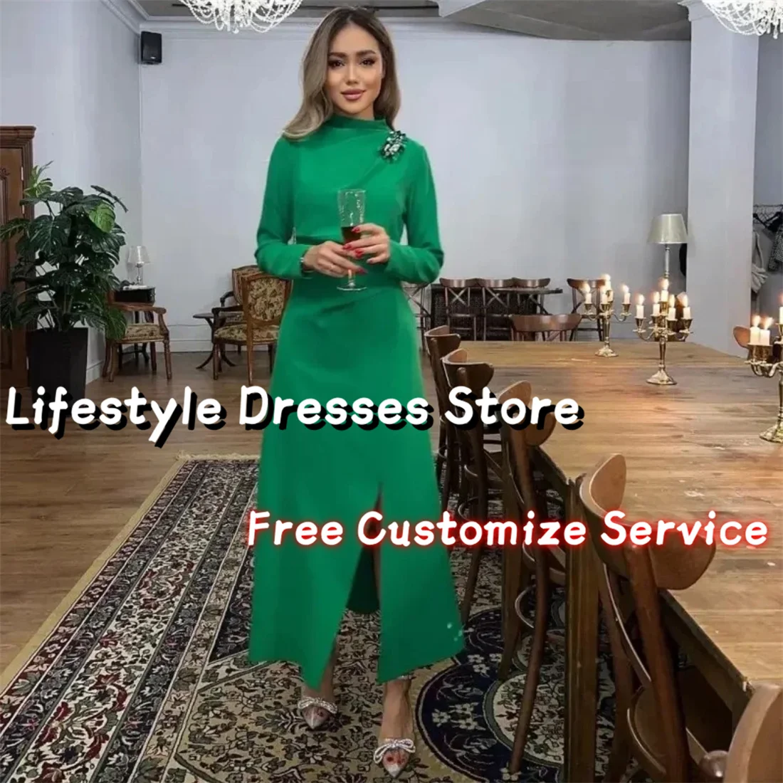 

Vintage Elegant Green Long Sleeves Evening Dresses Crystal Sequins Ankle Length Formal Prom Dress for Women Party Gowns