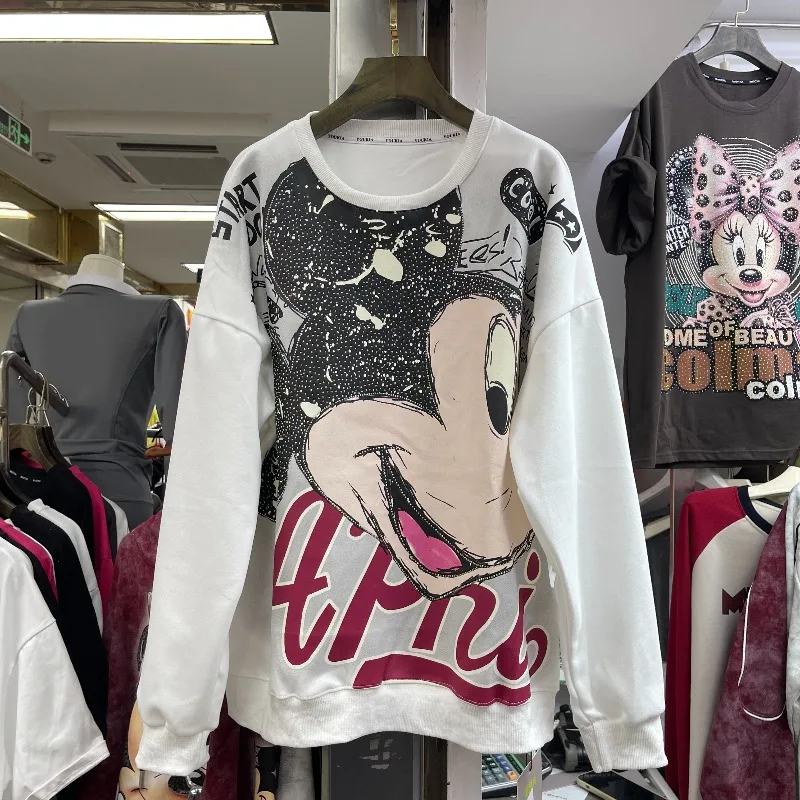 العلامة التجارية العصرية النمط الأوروبي طويلة الأكمام البلوز معطف الثقيلة التطريز الكرتون منتصف طول أعلى كبيرة الحجم الكرتون هوديس سترة