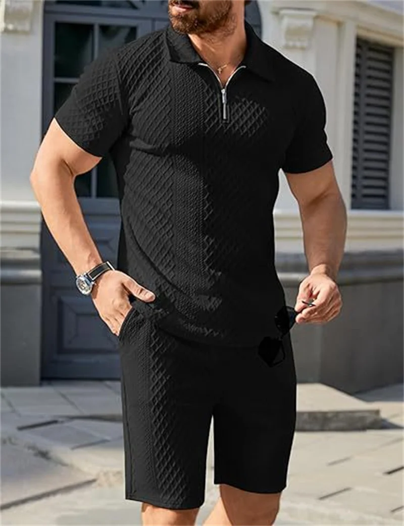 

2025 New men's suit Fashion Jacquard tracksuit Half Zip Short Sleeve Polo Shirt+Shorts 2 piece Sets Men Sports Casual Suit