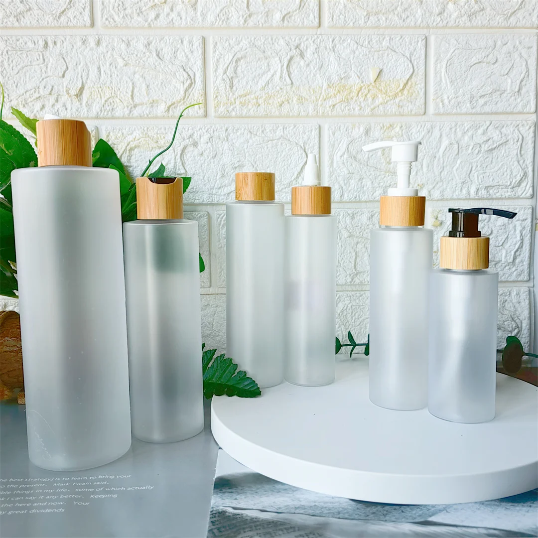 5 pces 100-500ml vazio fosco perfume spray dispensador de sabão pet bomba de plástico recarregável loção toner garrafa de viagem com tampa de bambu