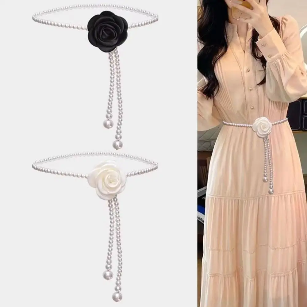 Women Waist Chain Floral Belt Elegant Adjustable Camellia Faux Pearl Waist Chain Belt for Women Black White Flower Accessories