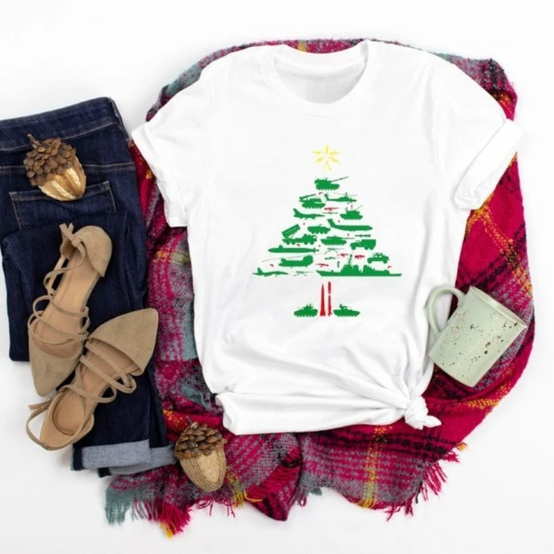 شجرة عيد الميلاد العسكرية الجرافيك بلايز خمر عطلة للجنسين تي شيرت Crewneck كل مباراة عادية نمط بلايز تي شيرت قصير