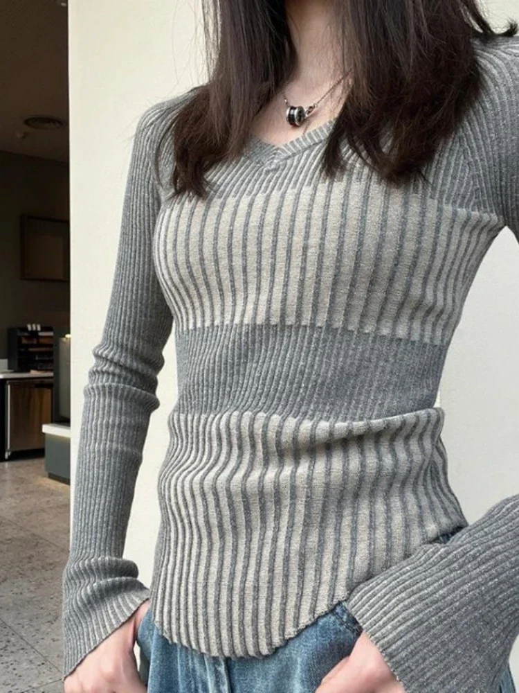 Vintage Elegant Striped V Neck Sweaters Fashion Slim Women Knitted Y2k Aesthetic Pullovers Korean All Match Grunge Sueter Mujer