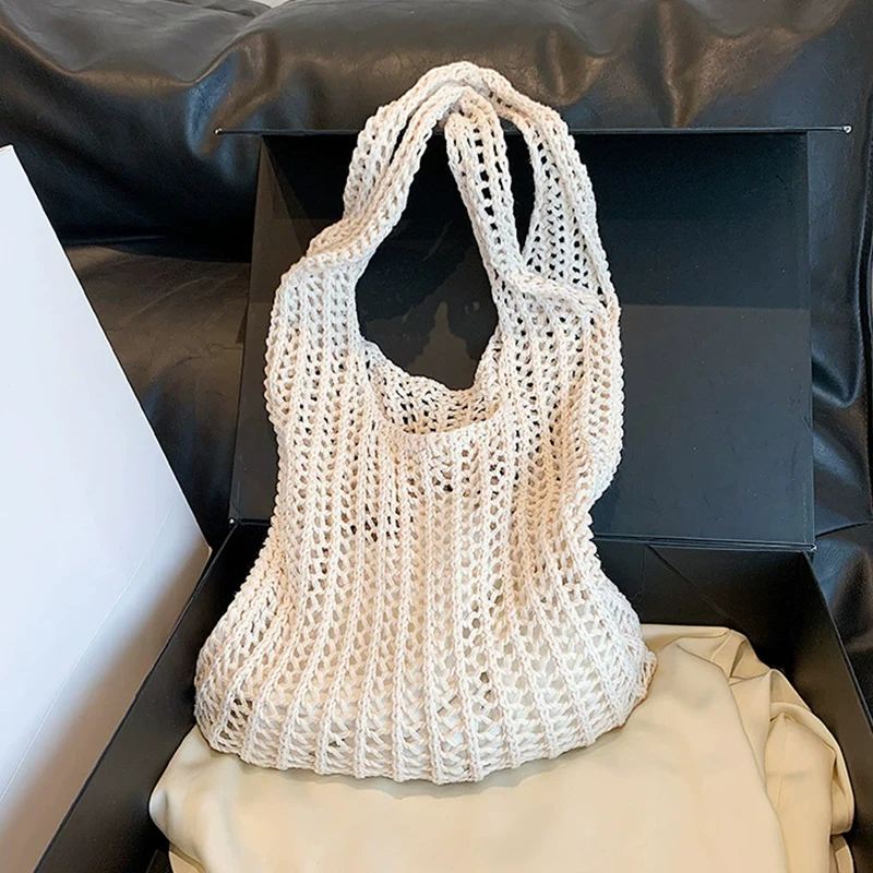 Vintage große Strickwolle Einkaufstasche für Frauen häkeln Schulter Einkaufen Handtasche weibliche Vintage Baumwolltuch Mädchen Shopper Tasche