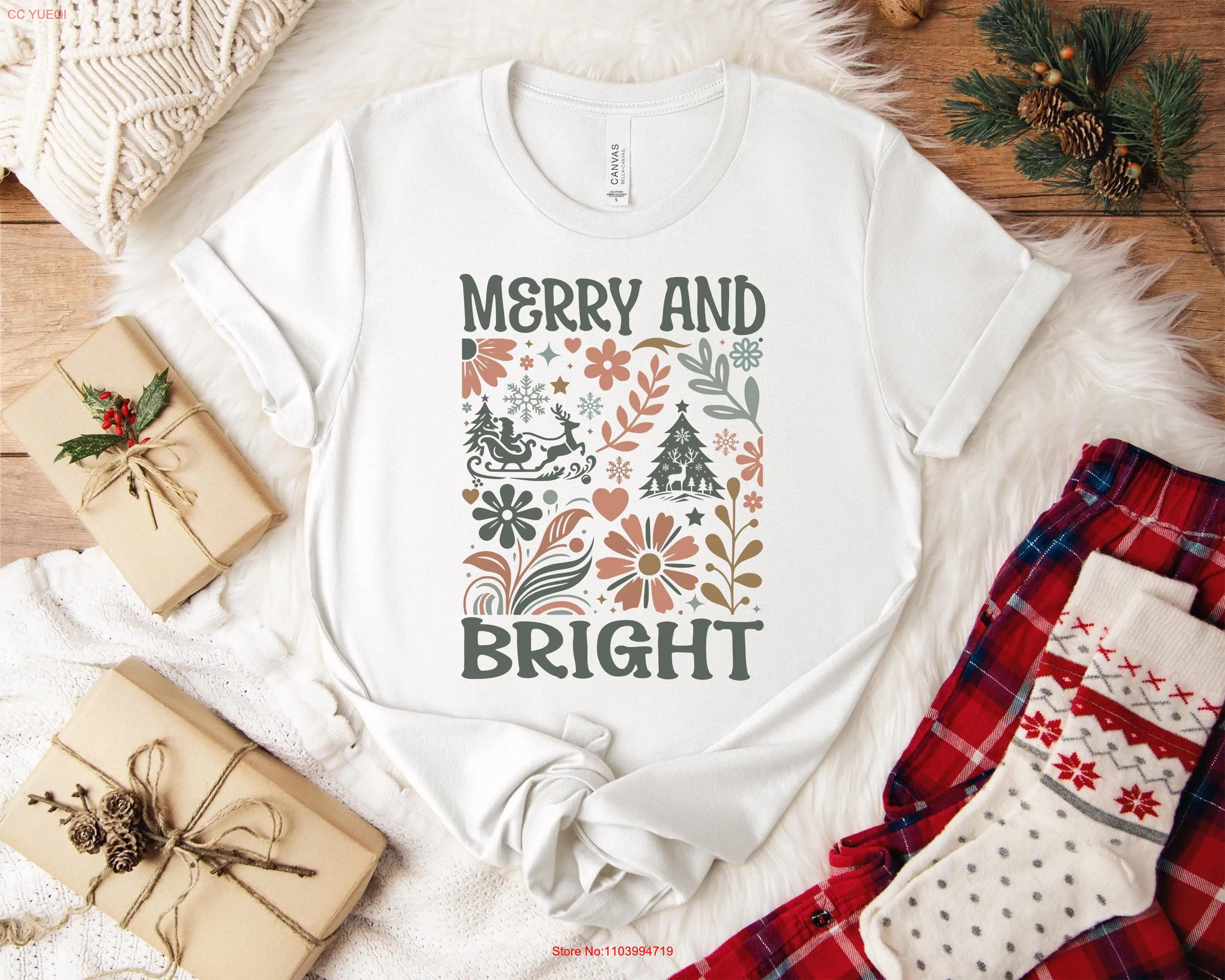 

Рождественская рубашка в стиле бохо, винтажная ретро-стиль x mas, футболка с веселыми и яркими крутыми цветами, подарок с цветочным принтом, праздничная зимняя богемная футболка