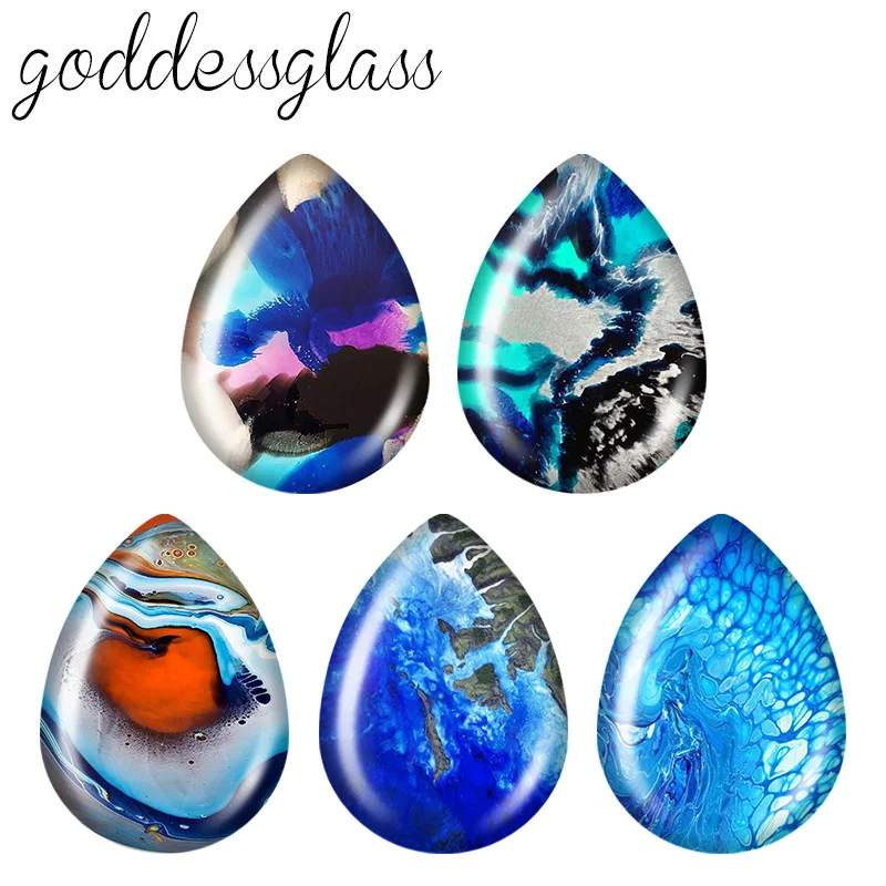 5Pairs Blue Dyeing Texture Wave Flow Patterns Teardrop Shape Photo Glass Cabochon Flat Back For DIY Jewelry Base Making Findings