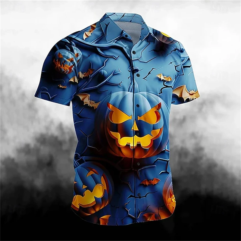 Men's Short-Sleeve Button-Down Halloween Shirt Skull 3D Print Black-and-White Block-Color Fashionable and Trendy Party Shirt