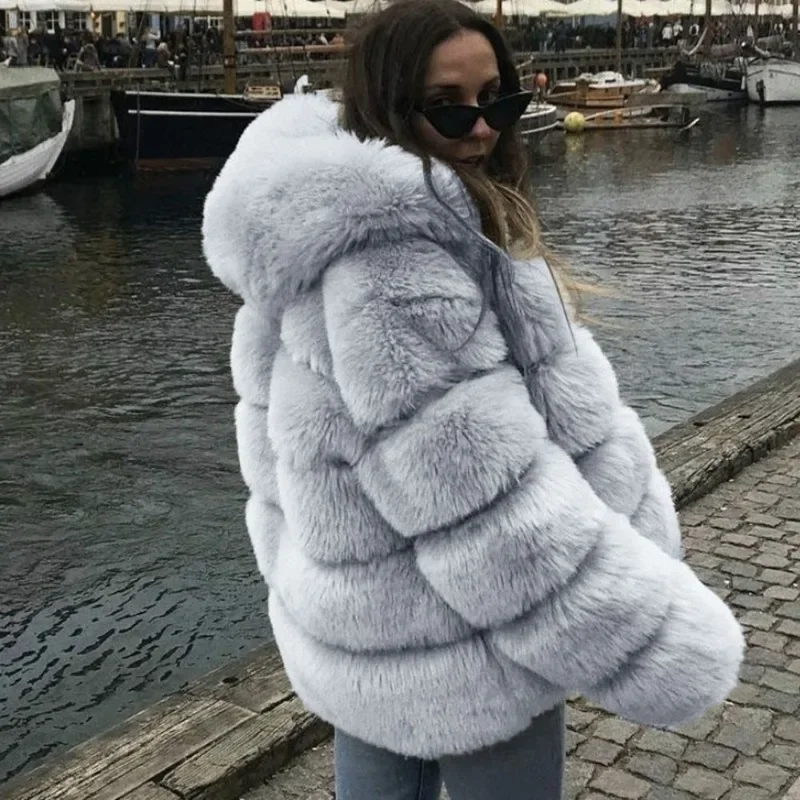 Damenmode Kunst pelz Kragen Parka Jacke lässig dicke Langarm gepolsterten Mantel Winter warmes Fell Kapuzen jacke Oberbekleidung