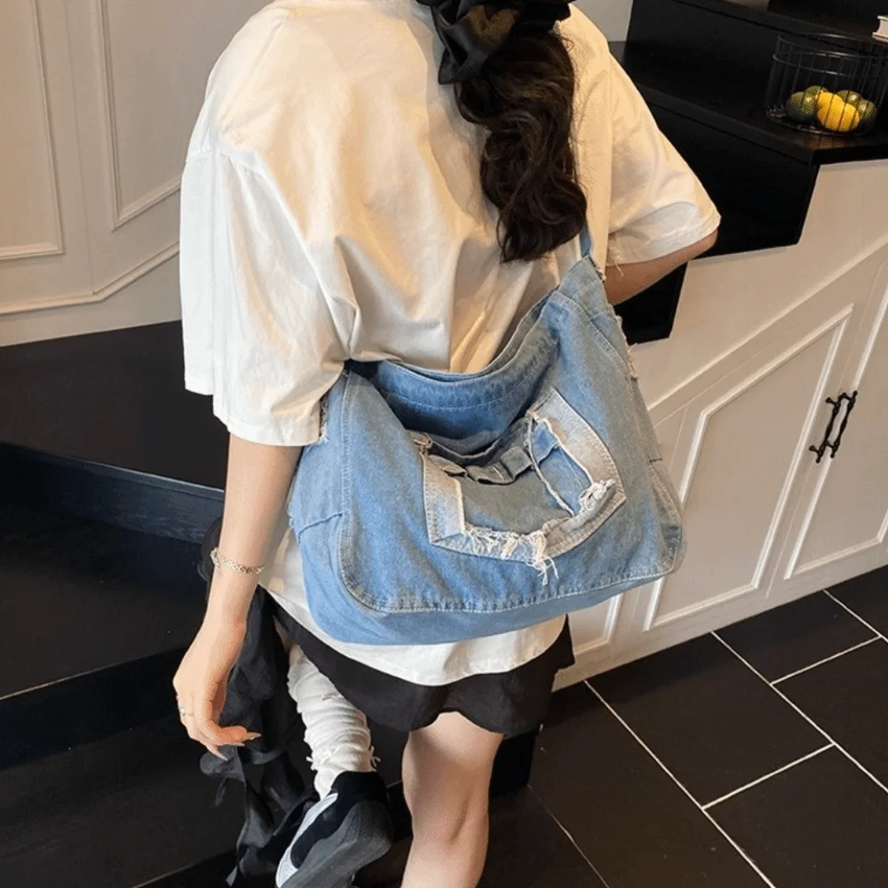 

Fashion Vintage Denim Shoulder Bag Versatile Multi-pockets Cross Body Bag Large Capacity Commuting Satchel Bags Female