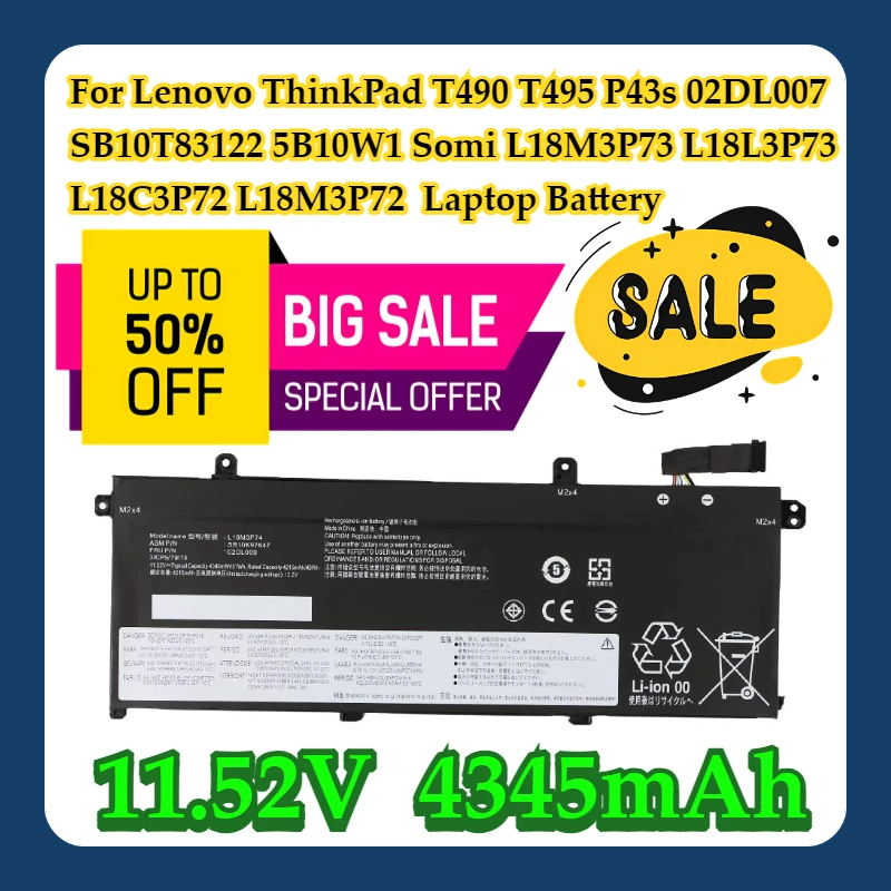 

For Lenovo ThinkPad T490 T495 P43s 02DL007 SB10T83122 5B10W1 Somi L18M3P73 L18L3P73 L18C3P72 L18M3P72 11.52V 51Wh Laptop Battery