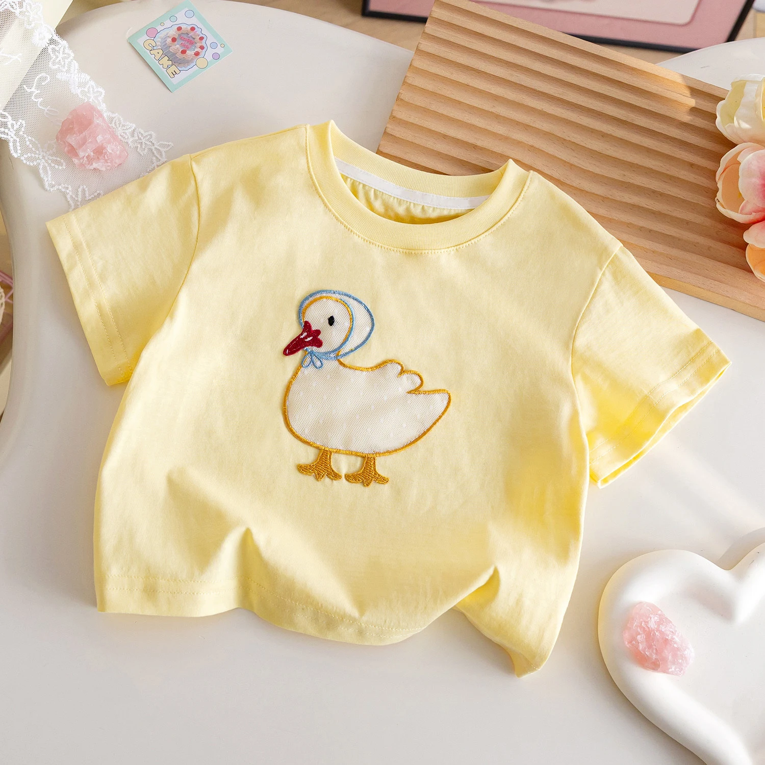 Girls' Short Sleeve T-shirt Cute Cartoon Duck Embroidered O-neck Top 2026 Summer Baby Girls Casual Loose Tees 0-7Years Old