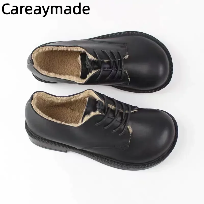 Careaymade-Genuine Leather Handmade Women's shoes comfortable soft leather winter Plush lace up casual warm men's shoes big size