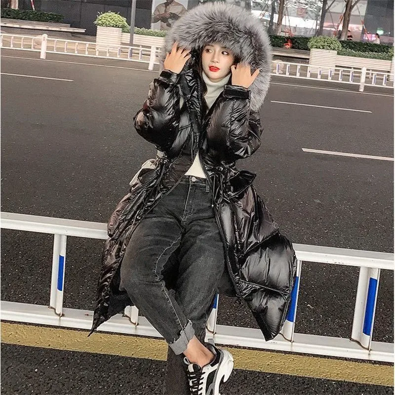 Winter big Fur collar Hooded Jacket 2024 New Korean Women\'s Loose Glossy Cotton Jackets Warm Thicken Female Parka Long Overcoat