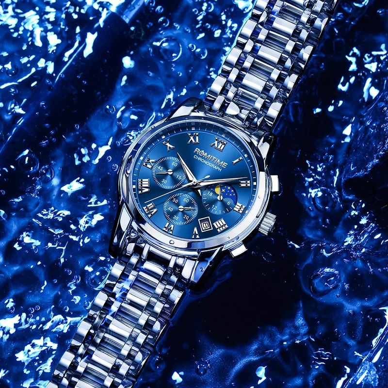 ROMITIME Men's Watch Top Luxury Brand Waterproof Luminous Stainless Steel Business Date Chronograph New Quartz Wristwatch
