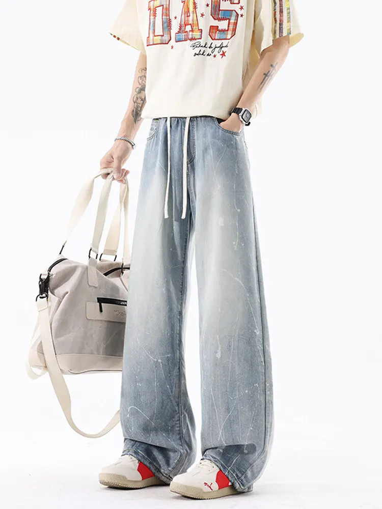 

Vintage Ice Silk Men's Jeans Summer Thin Dyed Design Loose Straight Leg American Cool Feeling Jeans Straight Tube Long Pants