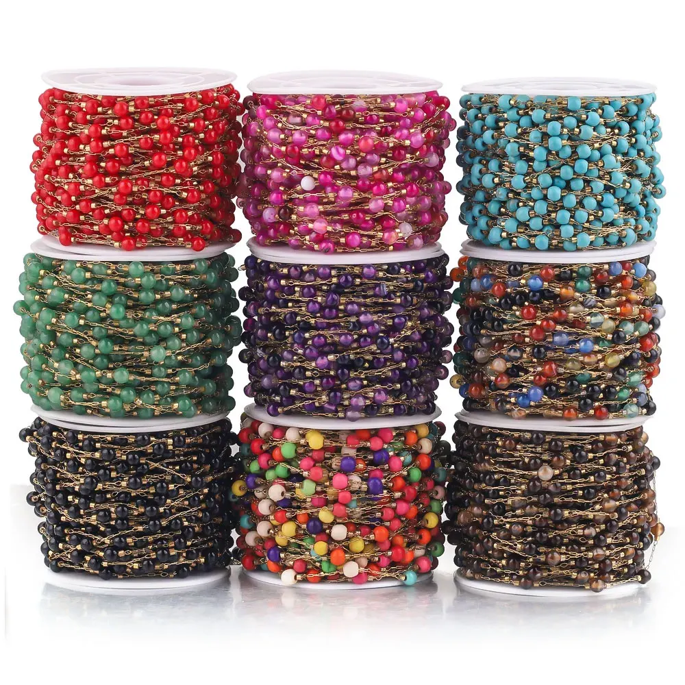 1M Muti-color Stainless Steel Round Natural Stone Clip Beads Chains for Necklace Bracelet Jewelry Making Supplies Accessories