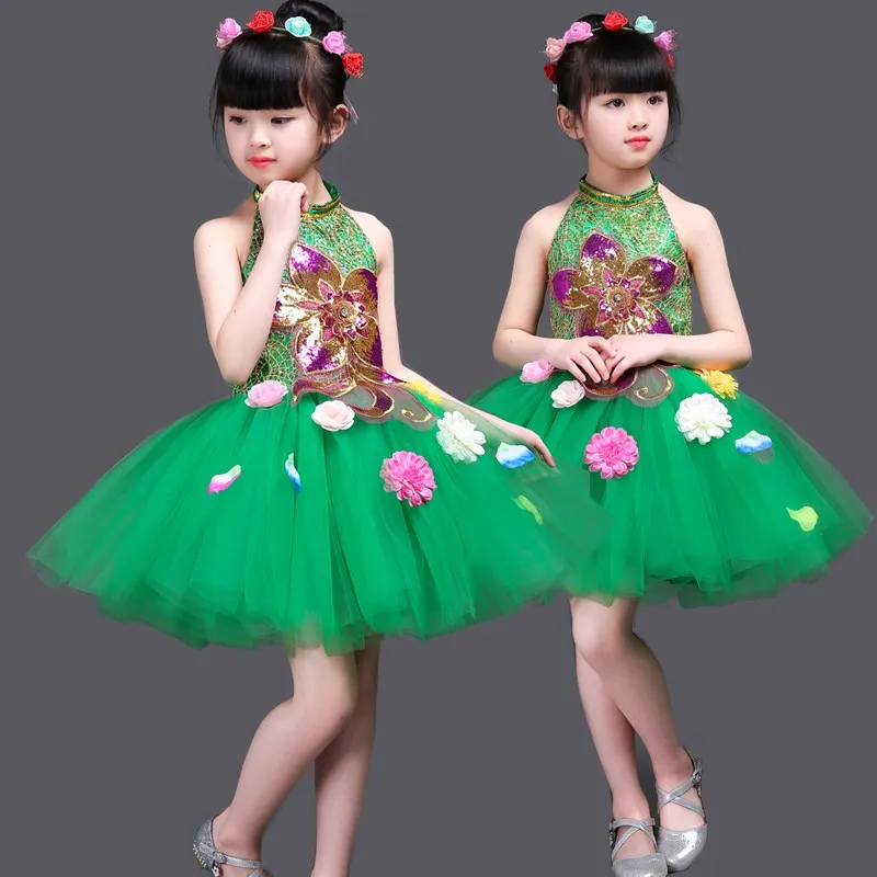 Children Sequin Green Princess Dress Girls Cute Flowers Modern Dance Dress Performance Clothes Kids Jazz Dance Costume