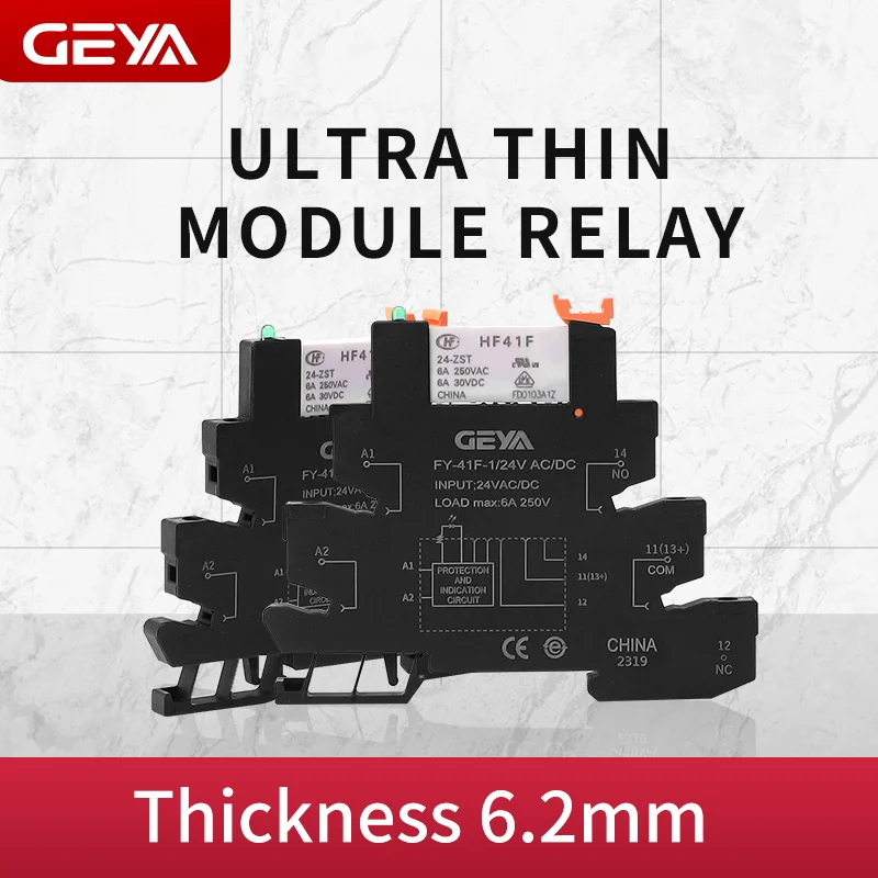 GEYA Slim Relay Module Base with Hongfa Relay 12VDC/AC or 24VDC/AC OR 230VAC Relay Socket 6.2mm thickness 48V 110V Relay