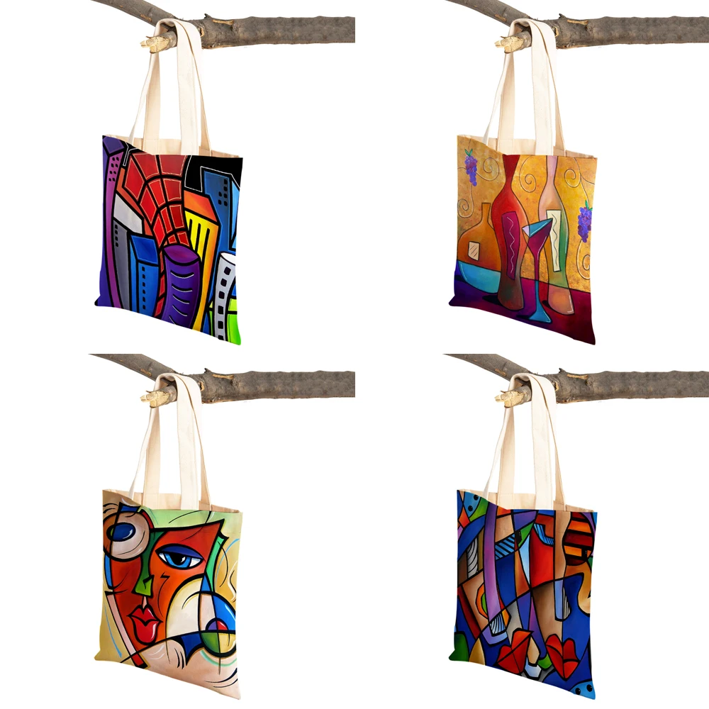 Fashion Colorful Abstract Painting Women Canvas School Bag Shopping Shoulder Bag Both Sided Cartoon Girl Tote Travel Handbag