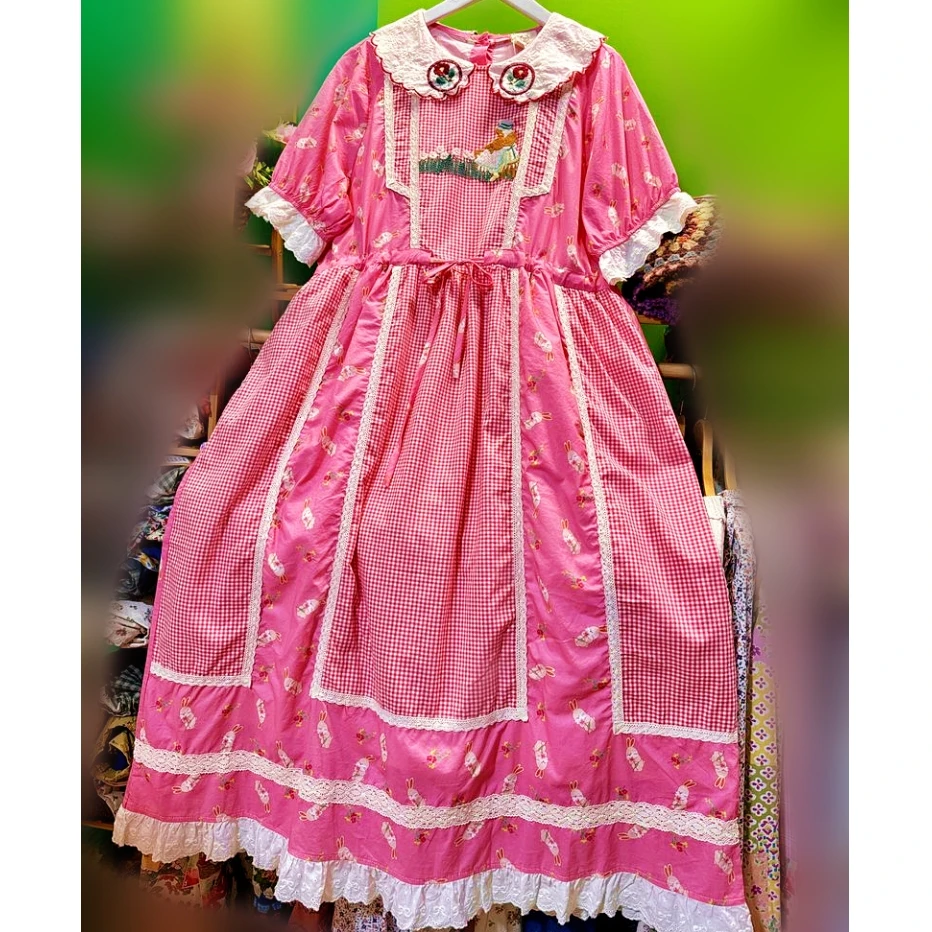 Katoen Zoet Kant Patchwork Plaid Zomer Borduren Lange Jurk voor Vrouwen Vintage Cottagecore Lolita Kawaii Mori Girl Midi Jurk