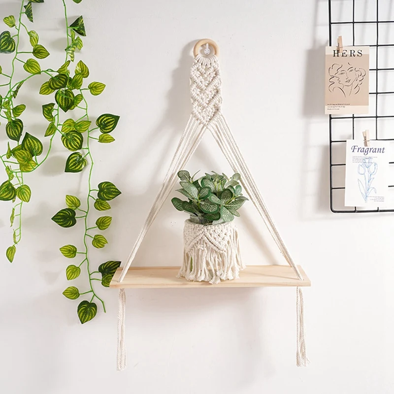 2PCS Hanging Shelf Boho Handmade Bohemian Wooden Plants Floating Rope Shelves Decorative Holder-FS-PHFU