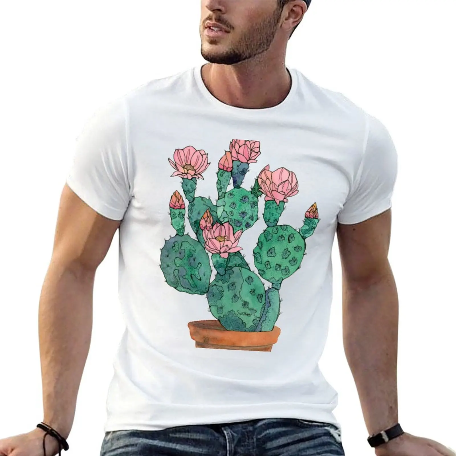 Watercolor and Ink Cactus in Terracotta Pot – Botanical Succulent Art Print T-Shirt plus sizes tops vintage t shirt men