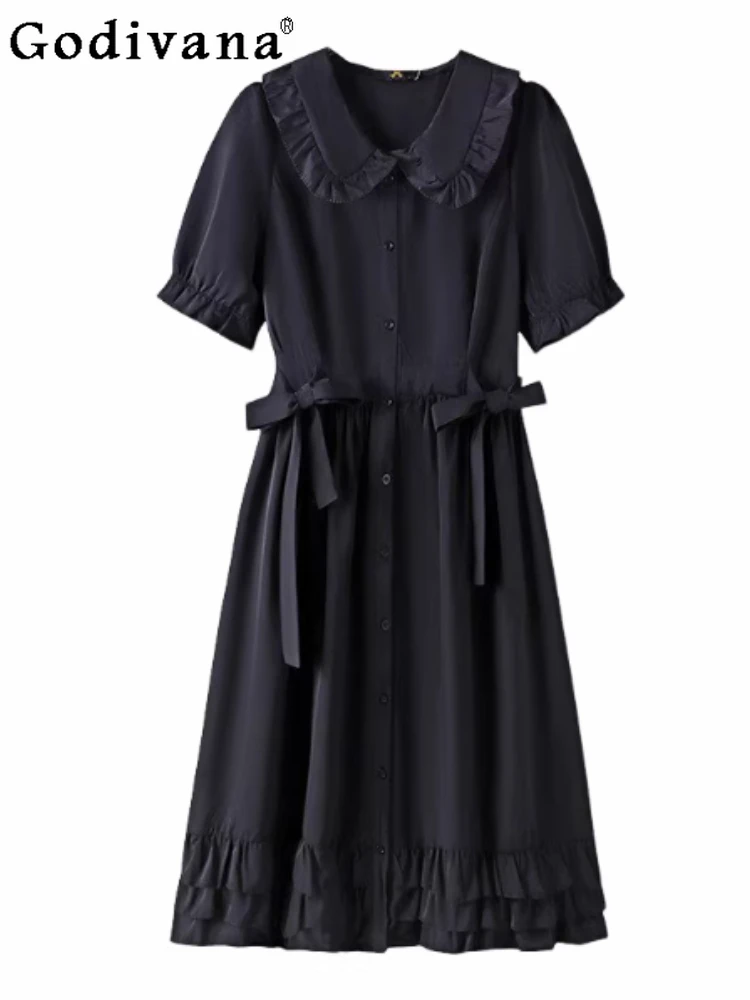 

Large Size Girl French Sweet Turn-down Collar Retro Short Sleeve Shirt Dress High Waist Black Age Reducing Bow Princess Dresses