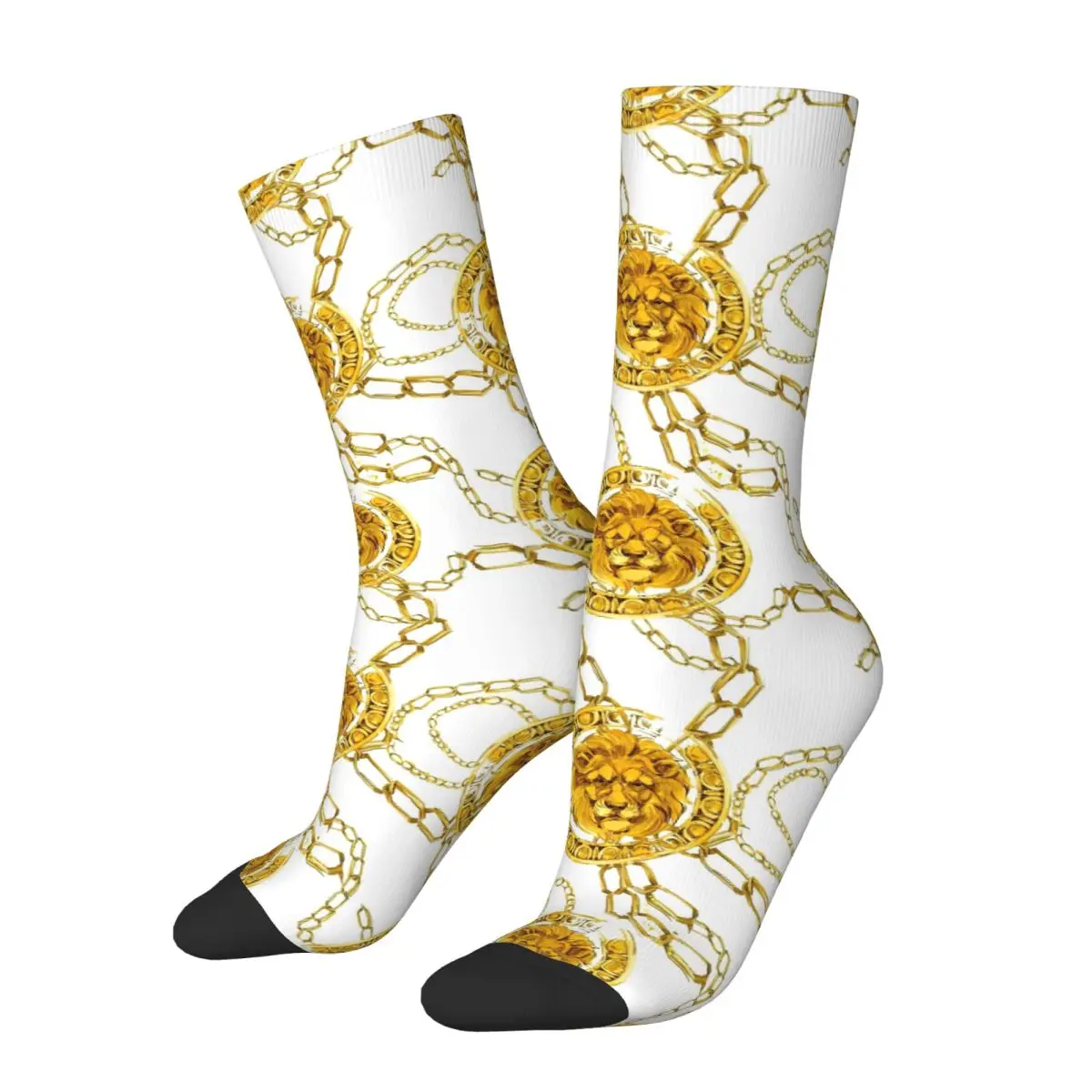 Autumn Winter Casual Women Men Golden Lion Damask Socks Baroque Pattern Breathable Basketball Socks