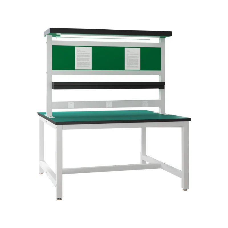 Assembly Line Anti Static Work Table With Adjustable Shelves And Hanging Panel For Factory Workshop Packing And Inspection Use