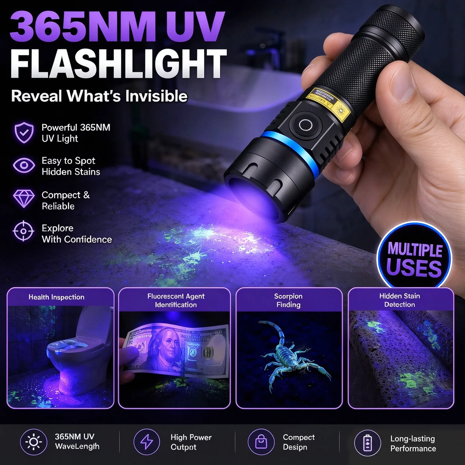 Powerfu 120W 365nm UV Flashlight Black Light Black Mirror Purple Light Detection Torch USB C Rechargeable Ultraviolet 26650 Lamp