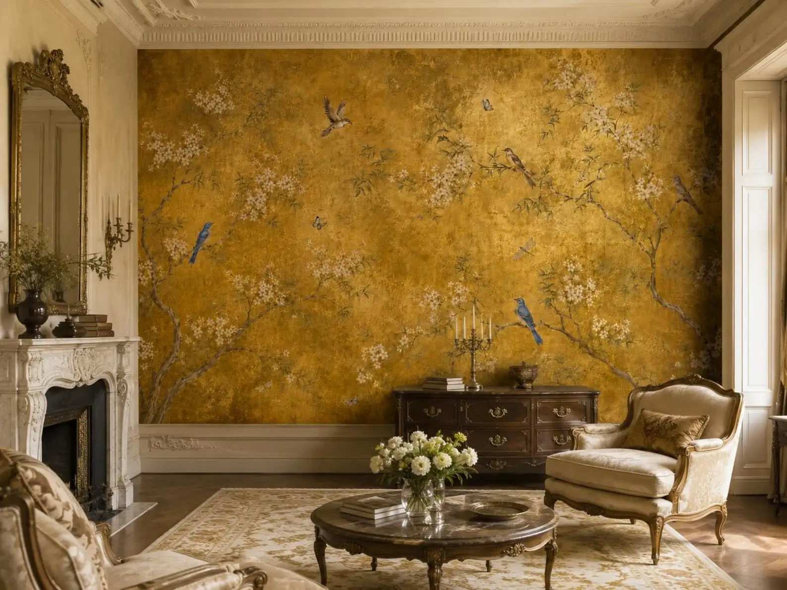 Customized wallpaper, retro yellow Chinese style wallpaper, flower, bird, tree branch painting jungle wallpaper decoration mural