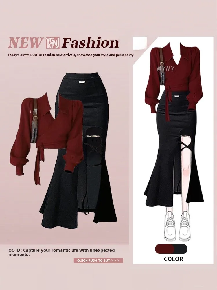 

Retro Hong Kong Sle Knitted Wine Red Top And Skirt Set Autumn Winter Sexy Bodycon Fi Tail Skirt Two Piece Set for Women