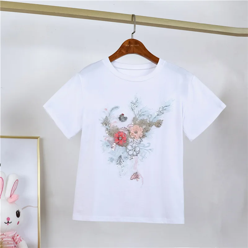 New2024summer Kurzarm Baumwoll blume kreative lose reine weiße bequeme T-Shirt Rundhals ausschnitt schön und schön