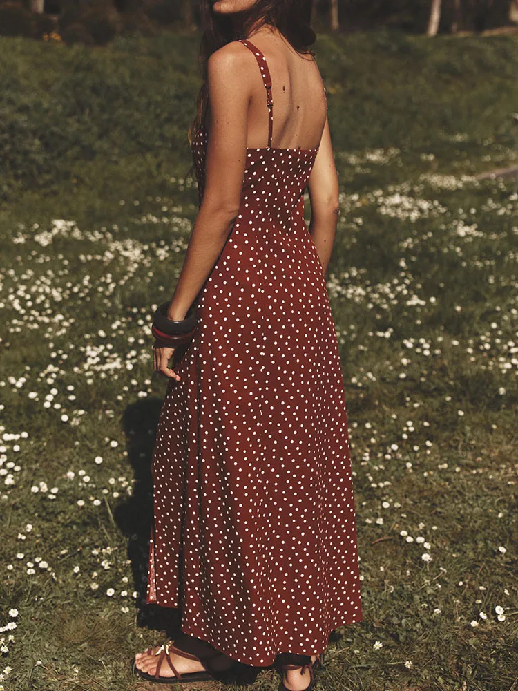 فستان صيفي جديد مثير بدون أكمام بنقشة البولكا دوت وياقة مستديرة وحمالات، فستان ميدي أنيق للنساء بأسلوب عرقي مناسب للمسرح