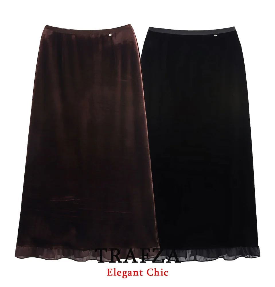 

TRAFZA Women Elegant Velvet Skirts Elastic Waist Wavy Hem Midi Skirt 2025 New Fall Winter Fashion Casual Romantic Female Skirt
