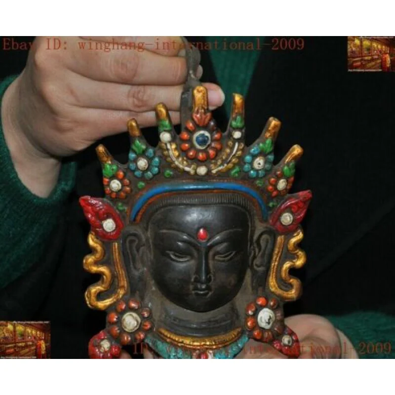 Tibetan Buddhism Bronze Painted Taraguan Yin Buddha Mask Wall Hanging