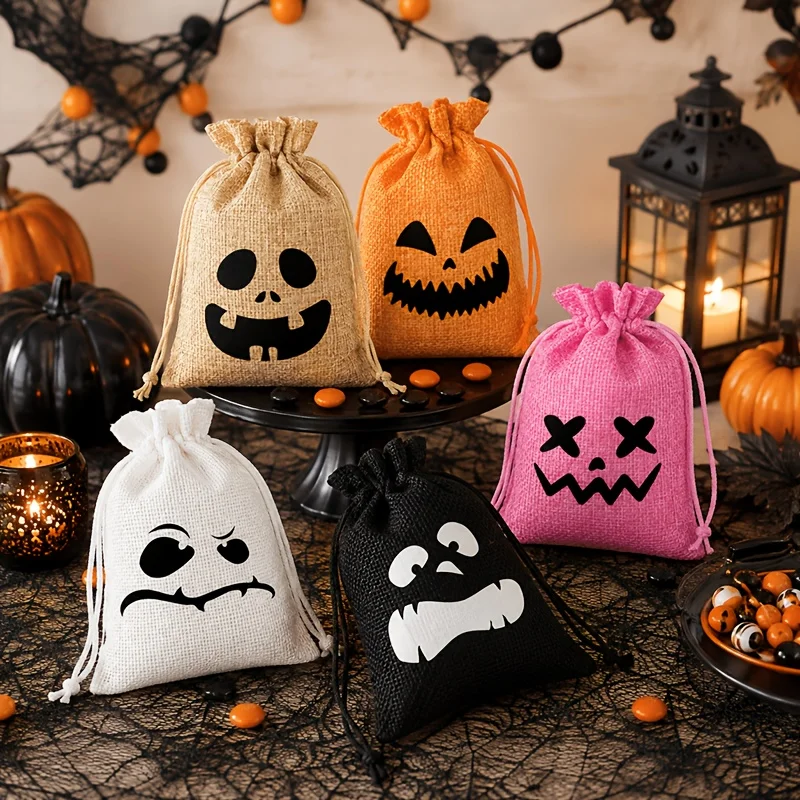 Halloween Trick or Treat Burlap Bag with Funny Face Kids Candy Pouch with Drawstring Party Favor Goodie Bag for Halloween Gift