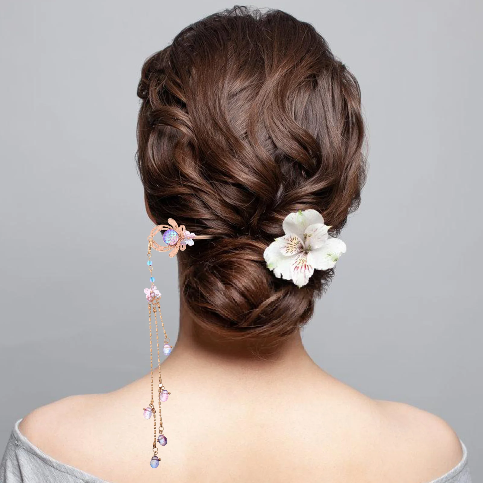 

Retro Hairpin Bun Sticks Decorative Chinese Style Wedding Bride Accessories Resin Elegant Tassel Flowers Vintage Charm Purple