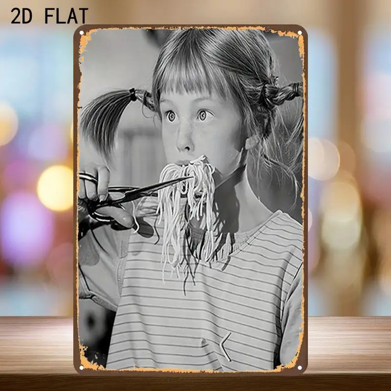 （2D Tin painting）1pc, Humorous Moment of Pasta Consumption Captured on a Metal Sign, Featuring Pre-Drilled Holes, Ideal for D
