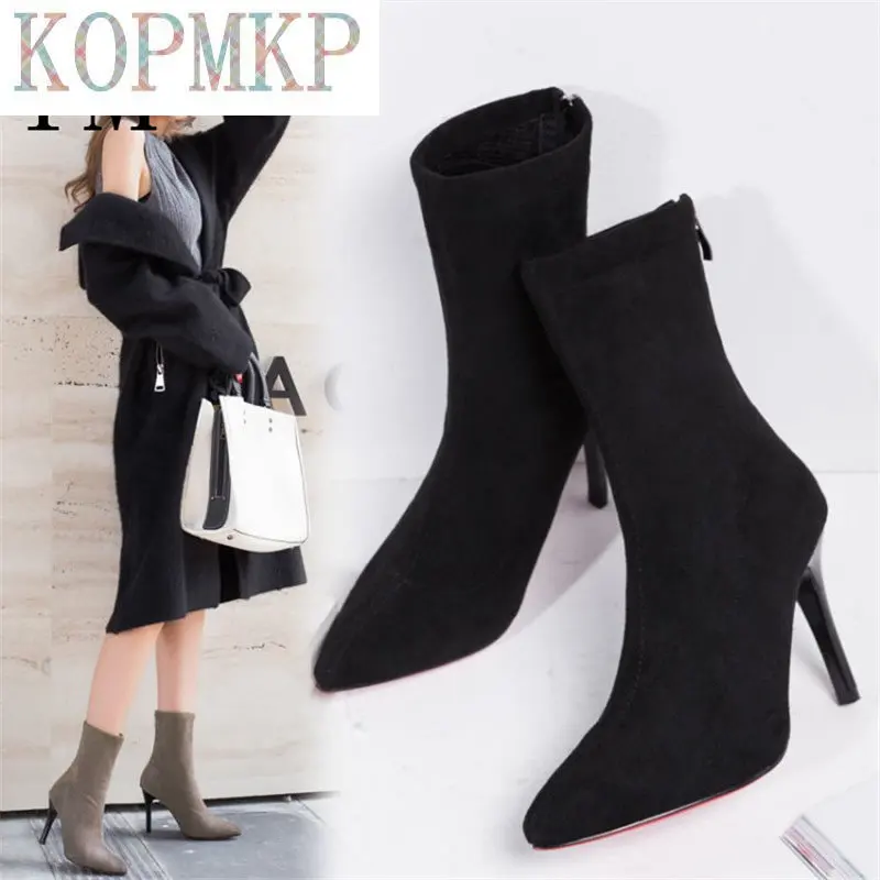 New Women Sock Boots Pointed Toe Elastic High Slip On Heel High Ankle Pumps Stiletto Botas Mujer High Boots Zapatos Muje 2018