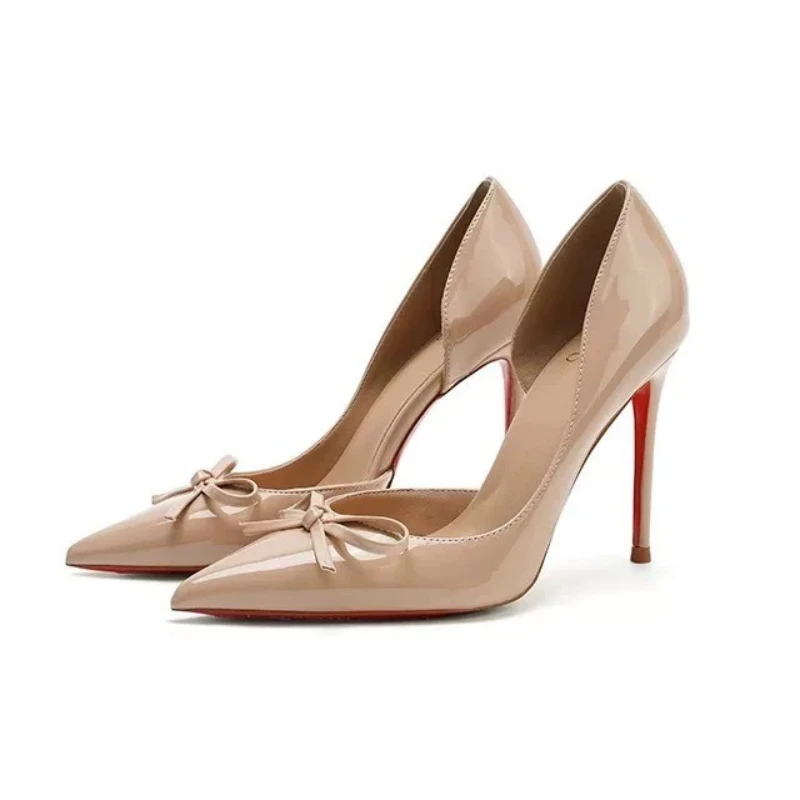 

Женские туфли на высоком каблуке, новинка лета 2025 г., пустые туфли на тонком каблуке с острым носком и мелким бантом